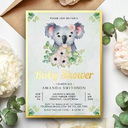 Small Floral Eucalyptus Koala Girl Baby Shower Gold Foil Invitation Front View
