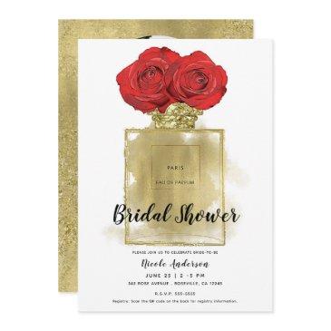 floral fashion perfume bottle red roses gold glam invitation
