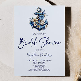 Small Floral Flower Nautical Blue Anchor Bridal Shower Invitation Front View