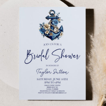 floral flower nautical blue anchor bridal shower invitation