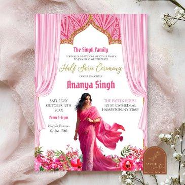 floral fuschia red half saree indian girl ceremony invitation
