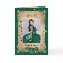 Small Floral Gold And Green Quinceañera Photo Folded Invitation Front View