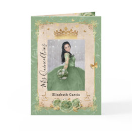 Small Floral Gold Sage Green Quinceañera Photo Folded Invitation Front View