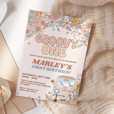 floral groovy one retro 1st birthday party invitation