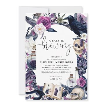 floral halloween tombstone baby is brewing shower invitation