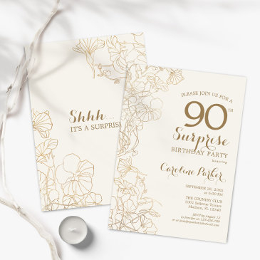 floral ivory gold surprise 90th birthday party invitation