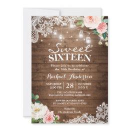Small Floral Lace Mason Jar Lights Sweet 16 Birthday Invitation Front View