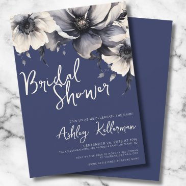 floral navy blue bridal shower invitation