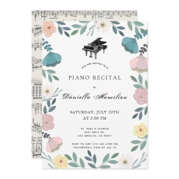 floral piano white recital invitation