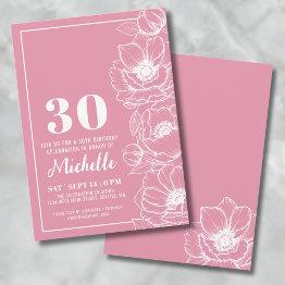 Small Floral Pink 30th Birthday Invitation Front View