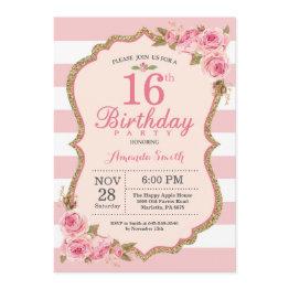 Small Floral Pink Peonies 16th Birthday Party Invitation Front View