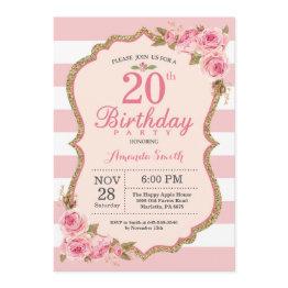 Small Floral Pink Peonies 20th Birthday Party Invitation Front View