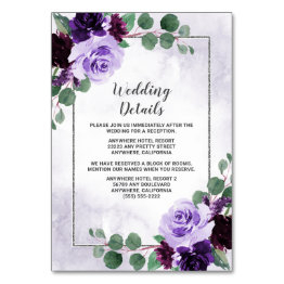 Small Floral Purple And Silver Wedding Enclosure Invitations Front View