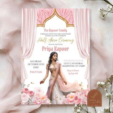 floral rose brown indian girl half saree ceremony invitation
