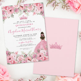 Small Floral Rose Pink Quinceanera Invitation Front View