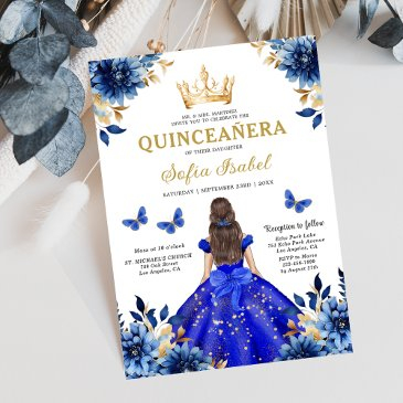 floral royal blue butterfly princess quinceanera invitation