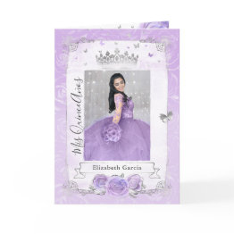Small Floral Silver And Light Purple Quince Photo Folded Invitation Front View