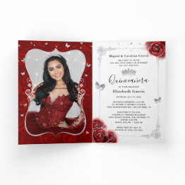 Small Floral Silver And Red Quinceañera Photo Folded Invitation Front View