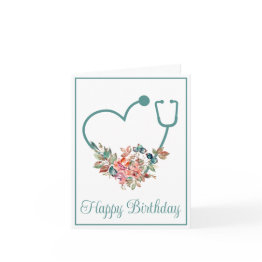 Small Floral Stethoscope Heart Nurse Doctor Birthday Invitations Front View