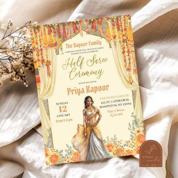 floral yellow half saree indian girl ceremony invitation