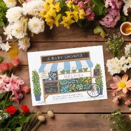 Small Flower Cart Farmer's Market Blue Baby Shower Invitation Front View