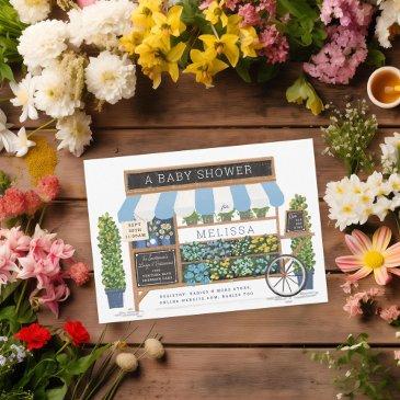 flower cart farmer's market blue baby shower invitation