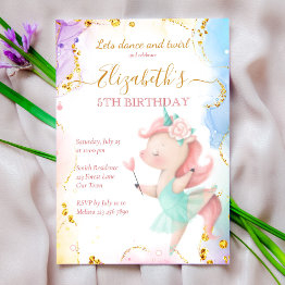 Small Fluffy Rainbow Unicorn Ballerina Birthday Party Invitation Front View