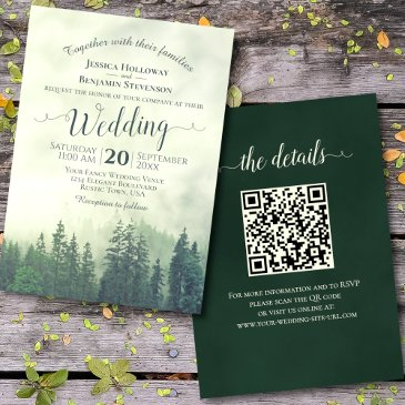 foggy green mountain pines rustic qr code wedding invitation
