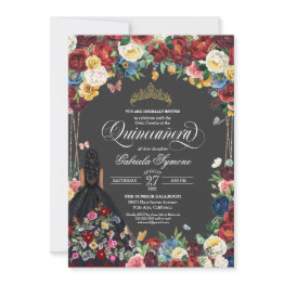 Small Folk Art Embroidery Butterfly Floral Quinceanera Invitation Front View