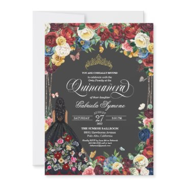 folk art embroidery butterfly floral quinceanera invitation