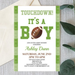 Small Football Touchdown It's A Boy Green Baby Shower Invitation Front View