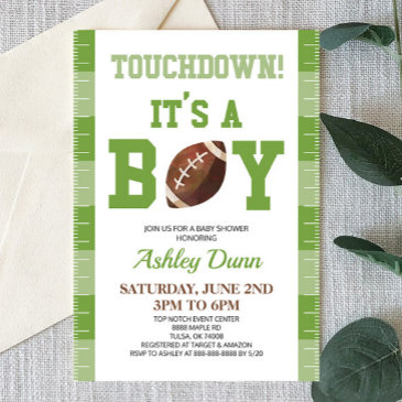 football touchdown it's a boy green baby shower invitation