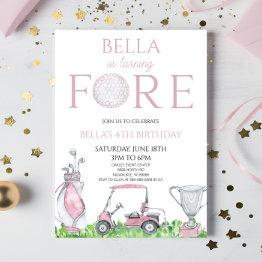Small Fore Pink Golf 4th Fourth Birthday Party Invitation Front View