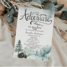 Small Forest Adventure Boy Country Twin Boys Baby Shower Invitation Front View