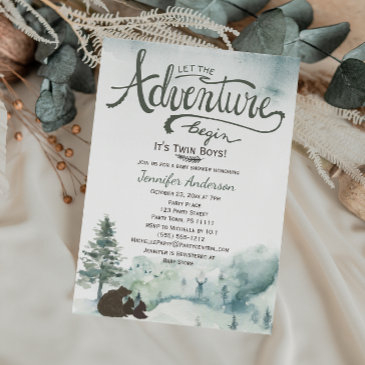 forest adventure boy country twin boys baby shower invitation