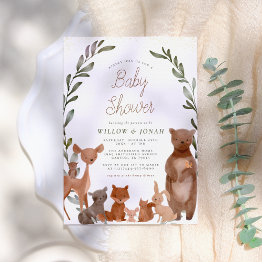 Small Forest Friends & Woodland Greenery Baby Shower Invitation Front View