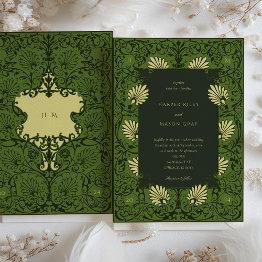 Small Forest Green And Antique Gold Baroque Wedding Invitation Front View