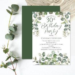 Small Forest Green Seeded Eucalyptus 30th Birthday Party Invitation Front View