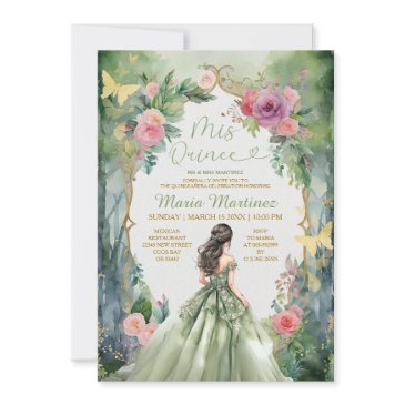 forest sage green dress pink flowers 15 mis quince invitation