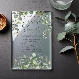 Small Forest Sage Green Seeded Eucalyptus Bridal Shower Acrylic Invitations Front View