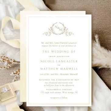 formal champagne monogram, watercolor wedding invitation