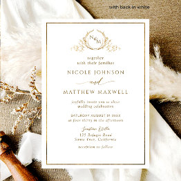 Small Formal, Elegant White And Gold Monogram Wedding Invitation Front View