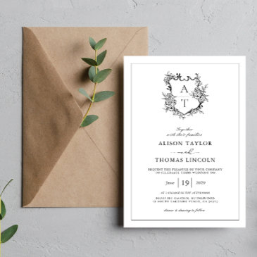 formal floral crest monogram wedding invitation