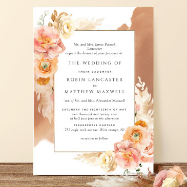 formal peach floral terracotta watercolor wedding invitation