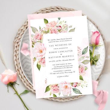 formal pink, blush and rose gold floral wedding invitation