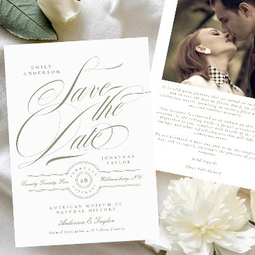 formal sage green calligraphy black tie photo save the date