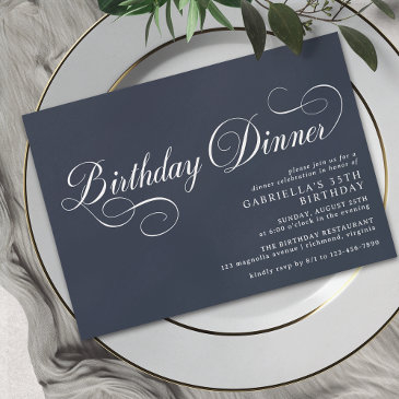 formal script | modern navy blue birthday dinner invitation