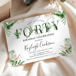 Small Forty Summer Tropical Greenery 40th Birthday Party Invitation Front View