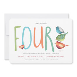 Small Four Birdie Fourth Birthday Party Invitation Front View