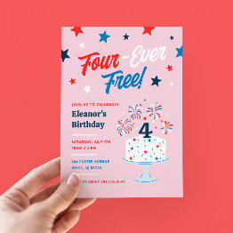 Small Four-ever Free 4th Birthday Party Invitation Front View